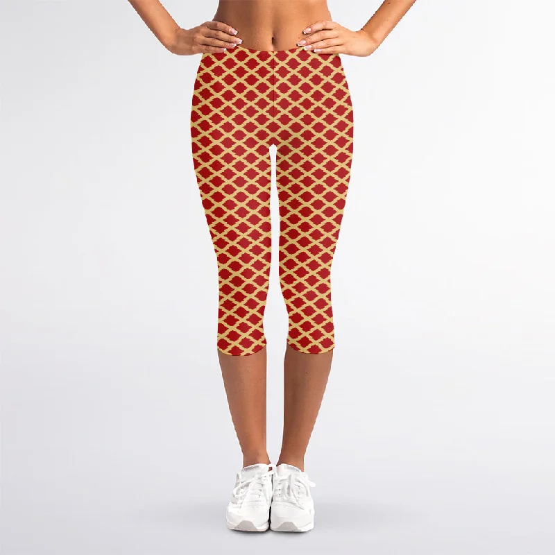 Sale Event Red And Beige Japanese Pattern Print Women's Capri Leggings
