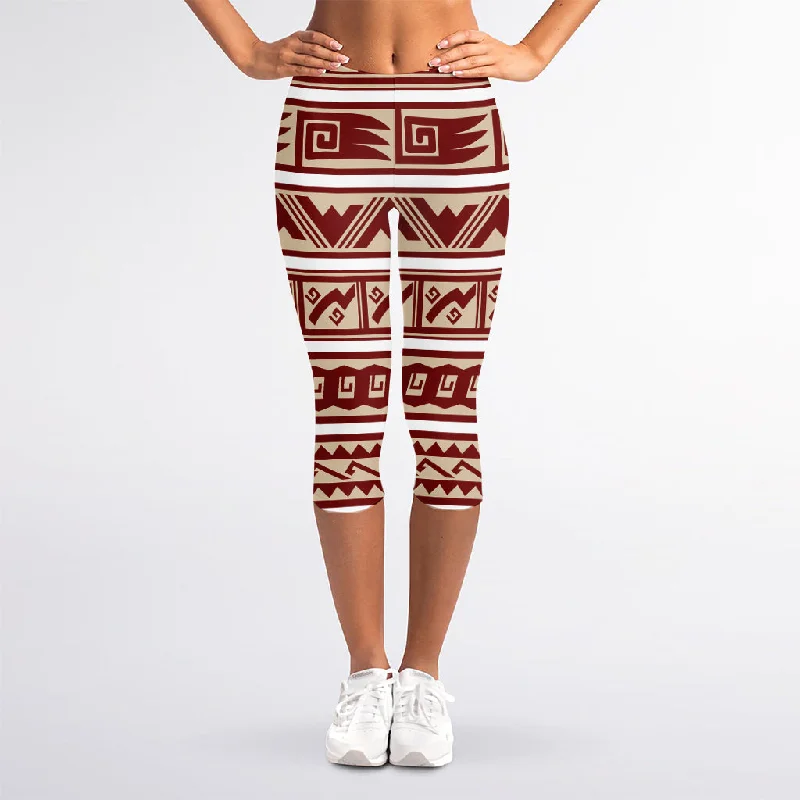 Online Only Red And Beige Southwestern Pattern Print Women's Capri Leggings