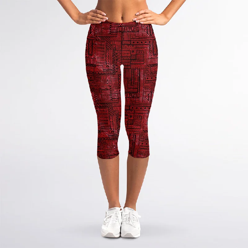 Great Deals Red And Black African Ethnic Print Women's Capri Leggings