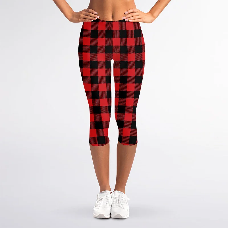 Markdowns Red And Black Buffalo Check Print Women's Capri Leggings