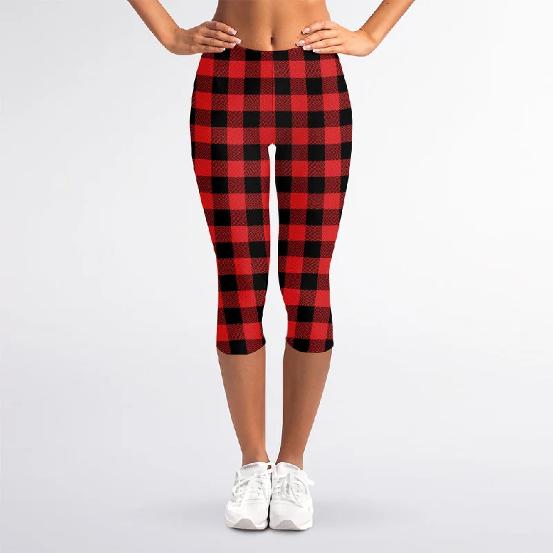 Low Prices Red And Black Buffalo Plaid Print Women's Capri Leggings