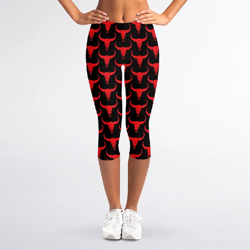 Amazing Deals Red And Black Bull Skull Pattern Print Women's Capri Leggings