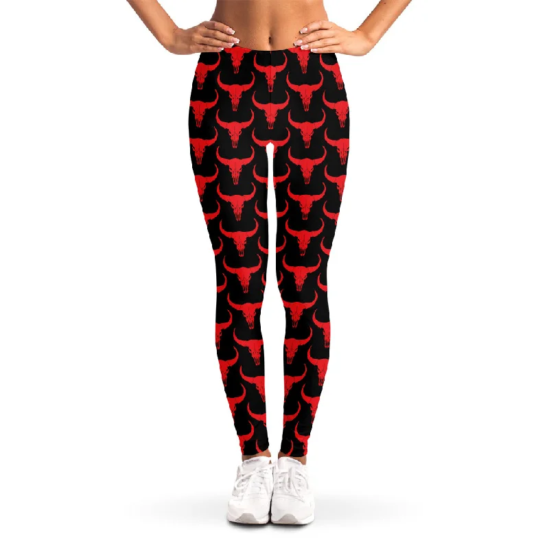 Hot Deal Red And Black Bull Skull Pattern Print Women's Leggings