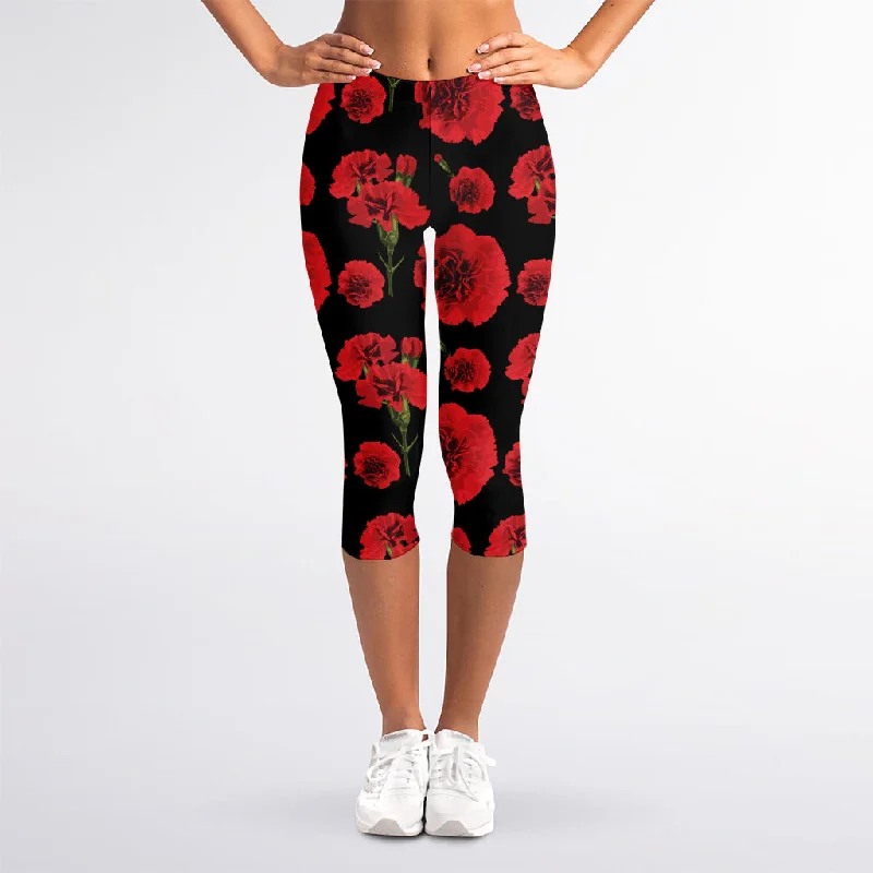 Final Clearance Red And Black Carnation Pattern Print Women's Capri Leggings