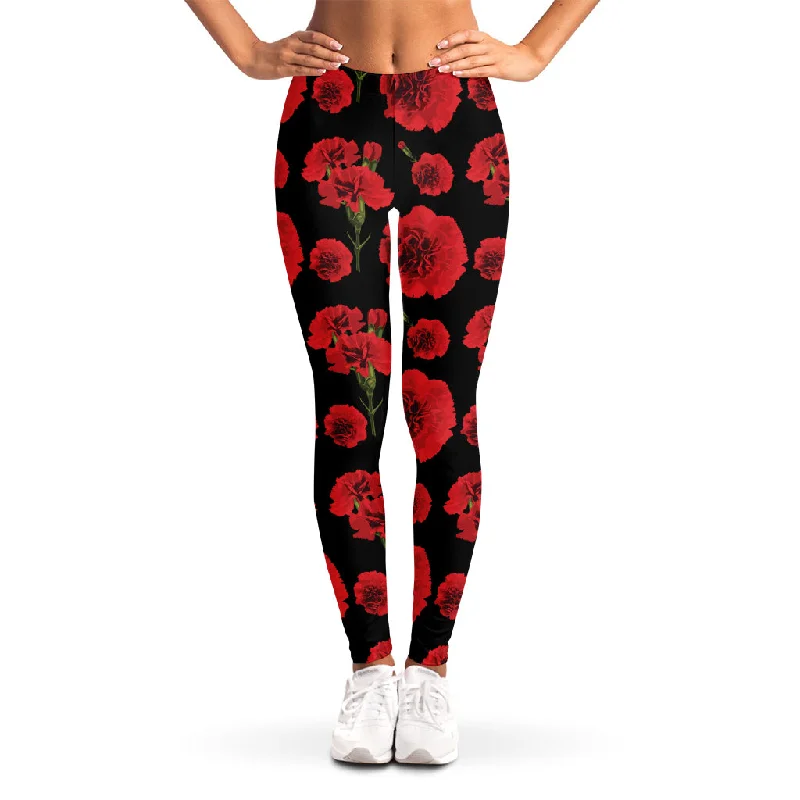New Arrival Red And Black Carnation Pattern Print Women's Leggings