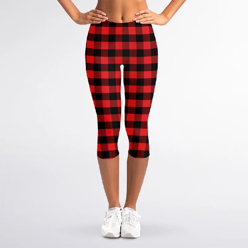 Exclusive Savings Red And Black Check Pattern Print Women's Capri Leggings