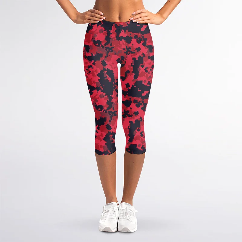 Deep Discounts Red And Black Digital Camo Pattern Print Women's Capri Leggings