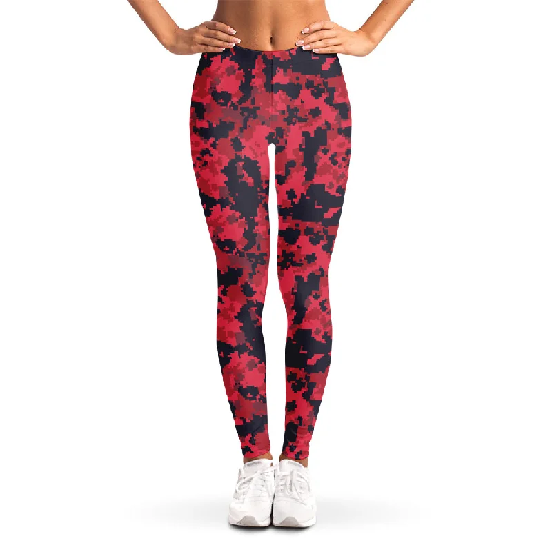 Weekend Deal Red And Black Digital Camo Pattern Print Women's Leggings