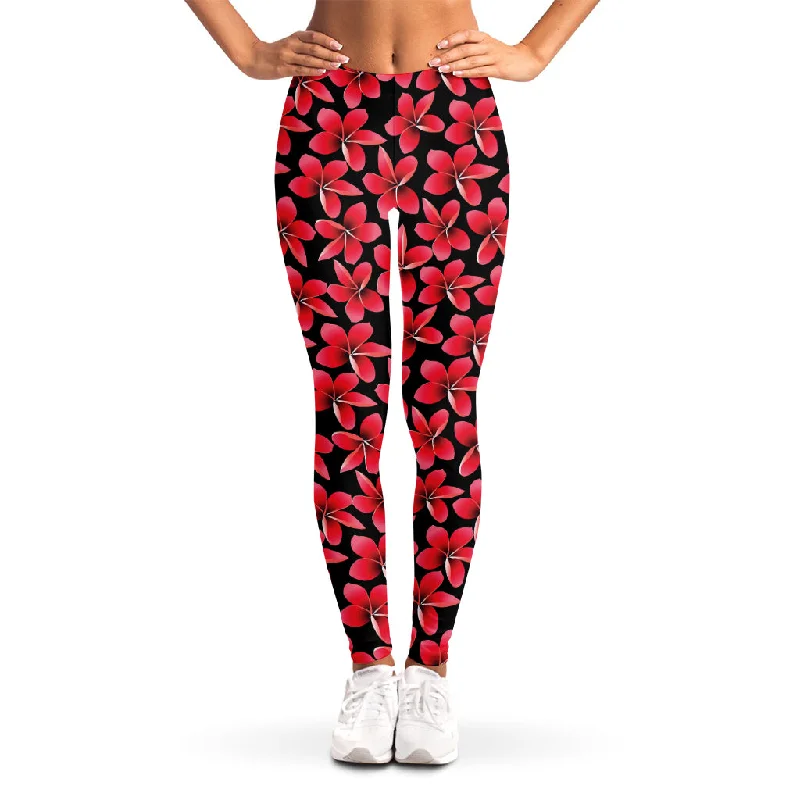 Value Deals Red And Black Frangipani Pattern Print Women's Leggings