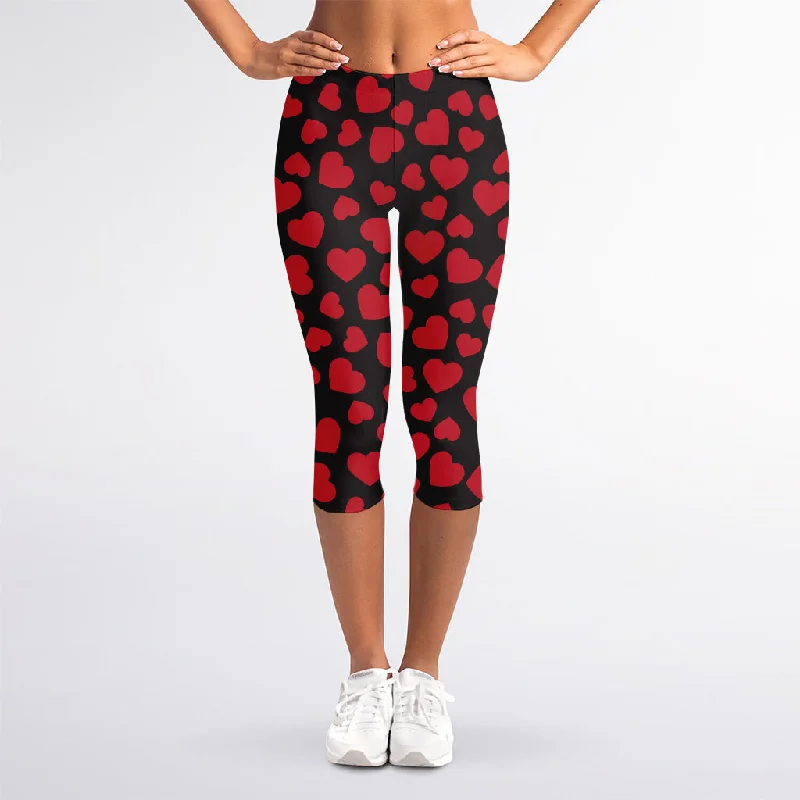 Big Discounts Red And Black Heart Pattern Print Women's Capri Leggings