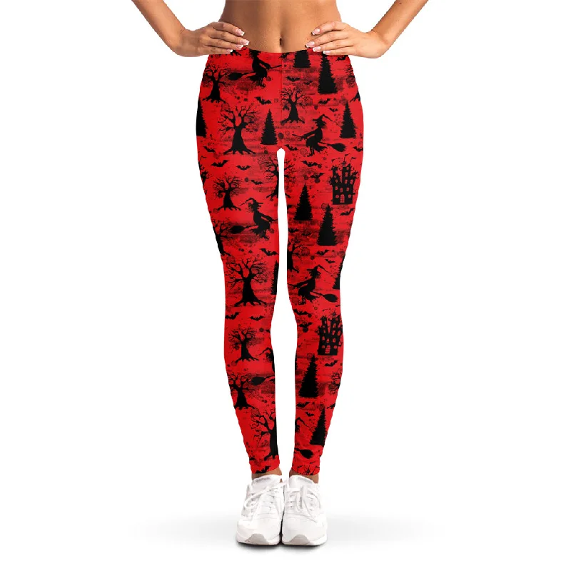 Super Deal Red And Black Horror Witch Pattern Print Women's Leggings
