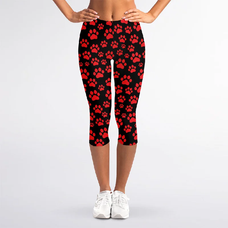 Online Specials Red And Black Paw Pattern Print Women's Capri Leggings