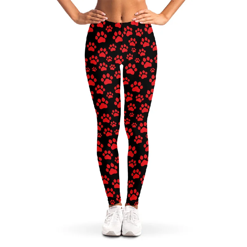 Limited Availability Red And Black Paw Pattern Print Women's Leggings
