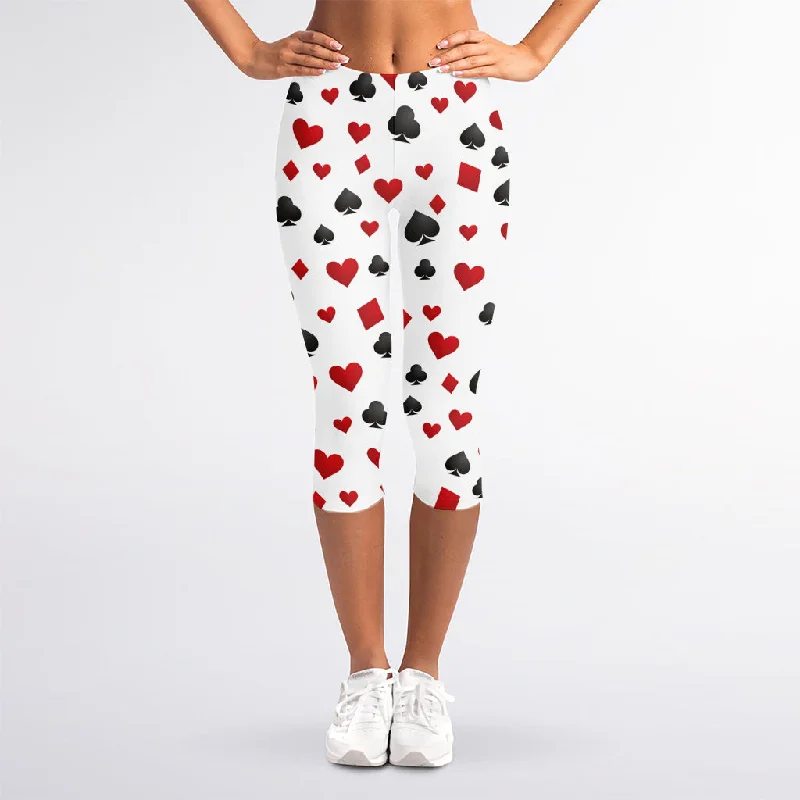 Can't Be Beat Red And Black Playing Card Suits Print Women's Capri Leggings