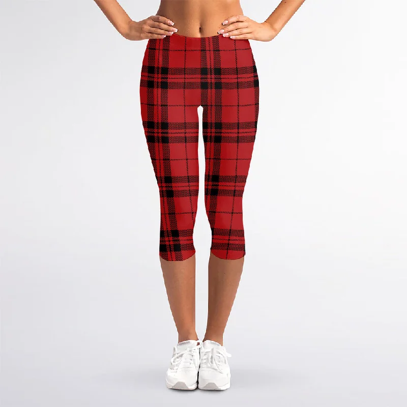Must-Have Deals Red And Black Tartan Pattern Print Women's Capri Leggings