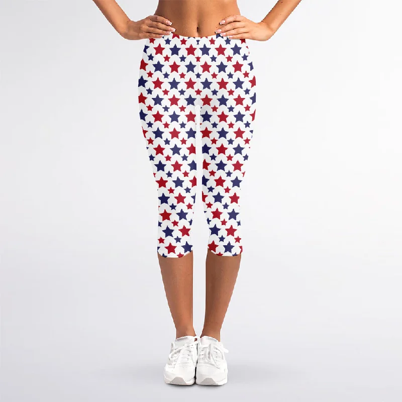 Huge Savings Red And Blue American Star Pattern Print Women's Capri Leggings