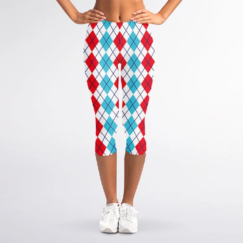 Final Sale Red And Blue Argyle Pattern Print Women's Capri Leggings
