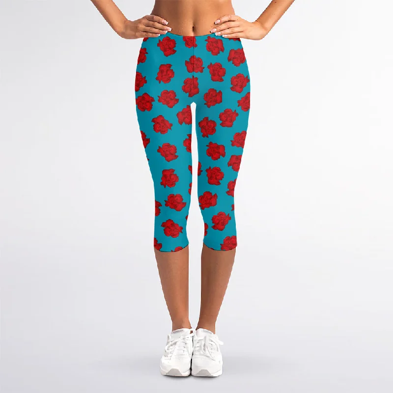 Daily Specials Red And Blue Carnation Pattern Print Women's Capri Leggings