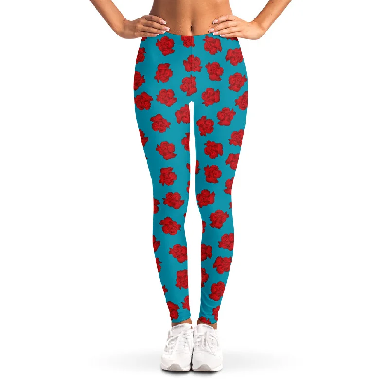 Daily Deals Red And Blue Carnation Pattern Print Women's Leggings