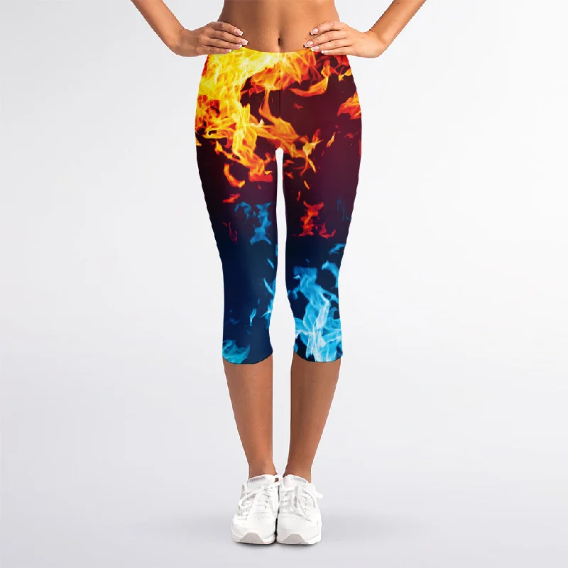 Super Sale Red And Blue Fire Print Women's Capri Leggings