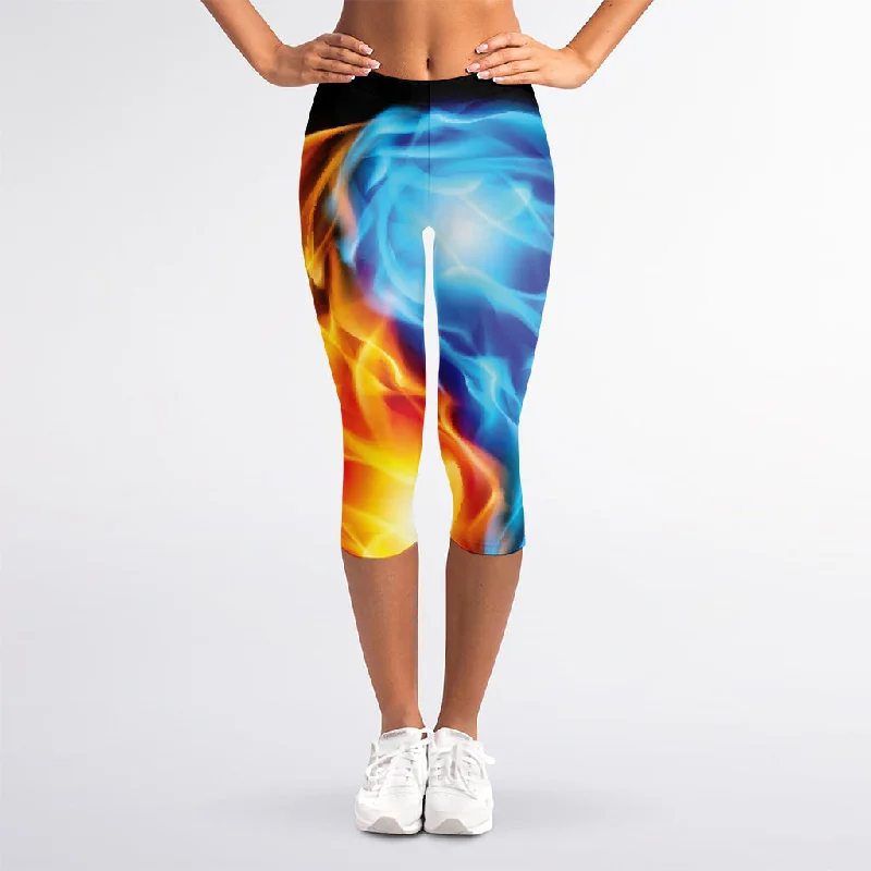 Big Savings Red And Blue Fire Yin Yang Print Women's Capri Leggings