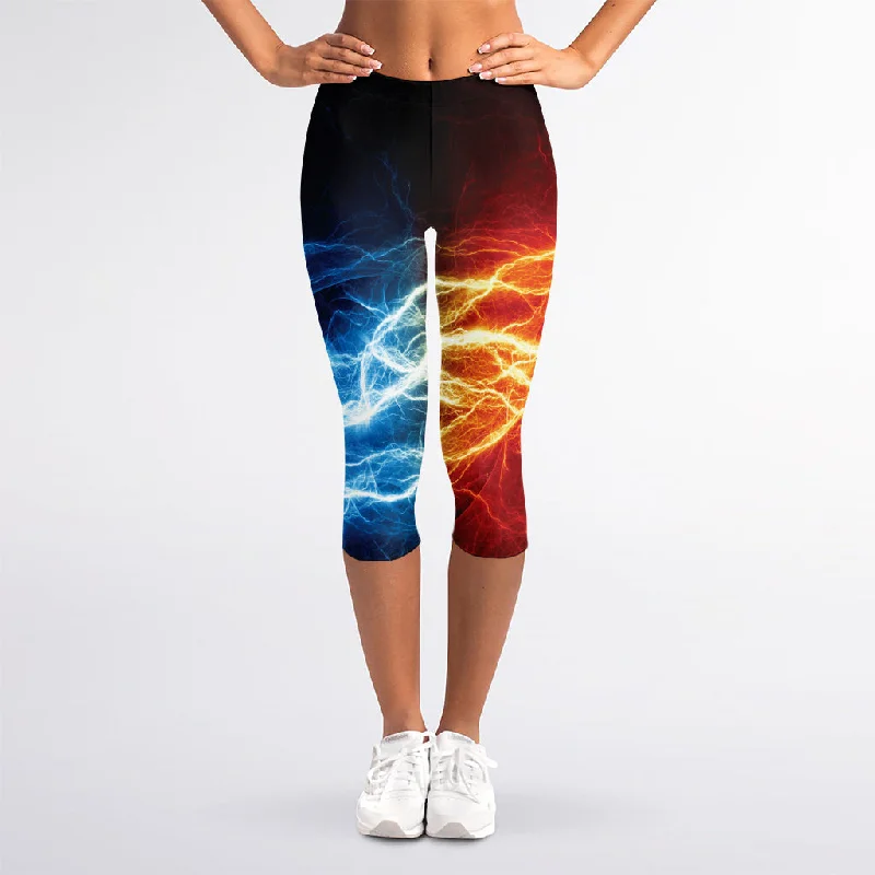 Price Rollback Red And Blue Lightning Print Women's Capri Leggings