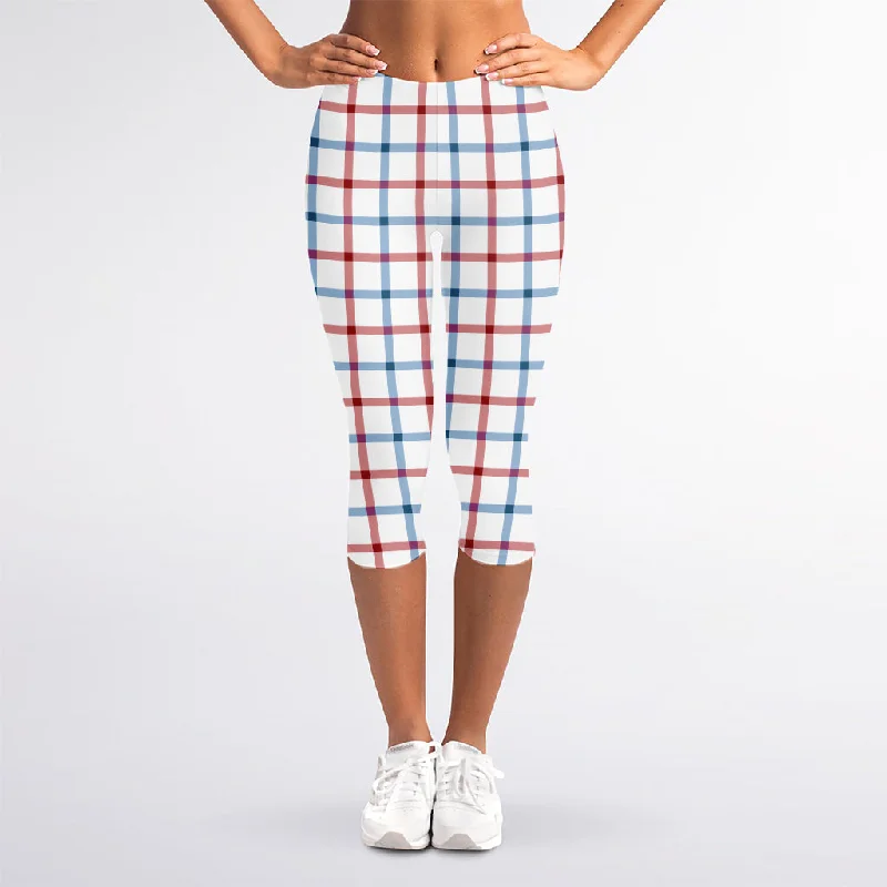 Weekend Deal Red And Blue Tattersall Pattern Print Women's Capri Leggings
