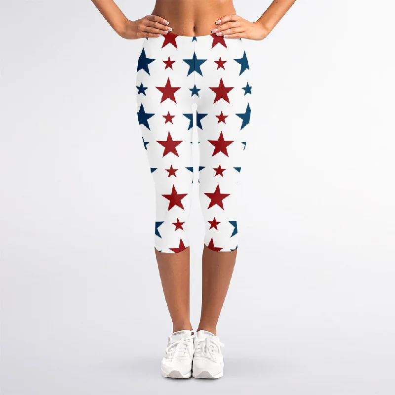 Steals and Deals Red And Blue USA Star Pattern Print Women's Capri Leggings