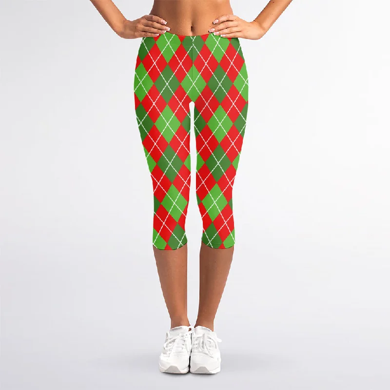 Special Discount Red And Green Argyle Pattern Print Women's Capri Leggings