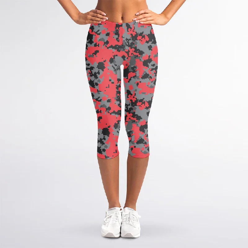 Sale Event Red And Grey Digital Camo Pattern Print Women's Capri Leggings