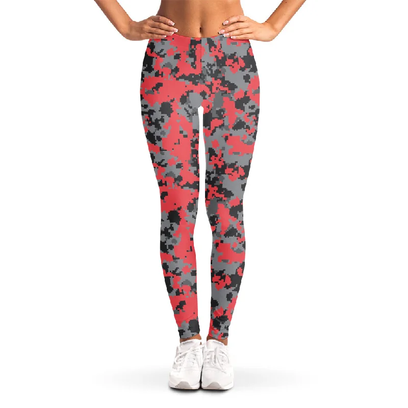 Act Fast Red And Grey Digital Camo Pattern Print Women's Leggings