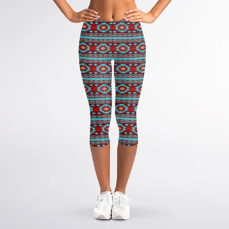 Low Prices Red And Teal Southwestern Pattern Print Women's Capri Leggings