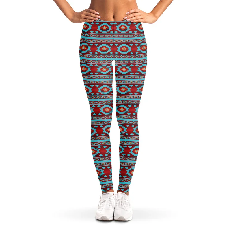 Clearance Items Red And Teal Southwestern Pattern Print Women's Leggings