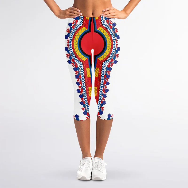 Now or Never Red And White African Dashiki Print Women's Capri Leggings
