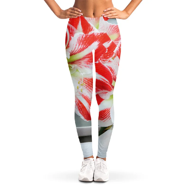 Today’s Deal Red And White Amaryllis Print Women's Leggings