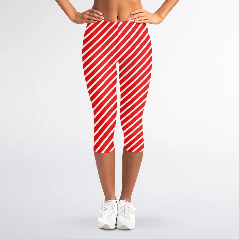 Early Access Red And White Candy Cane Pattern Print Women's Capri Leggings