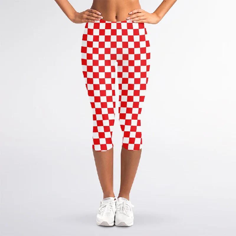 Big Discounts Red And White Checkered Pattern Print Women's Capri Leggings