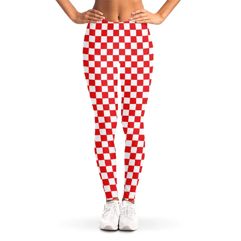 Super Deal Red And White Checkered Pattern Print Women's Leggings