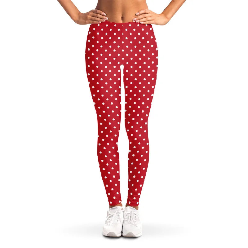 Online Only Red And White Christmas Dots Print Women's Leggings