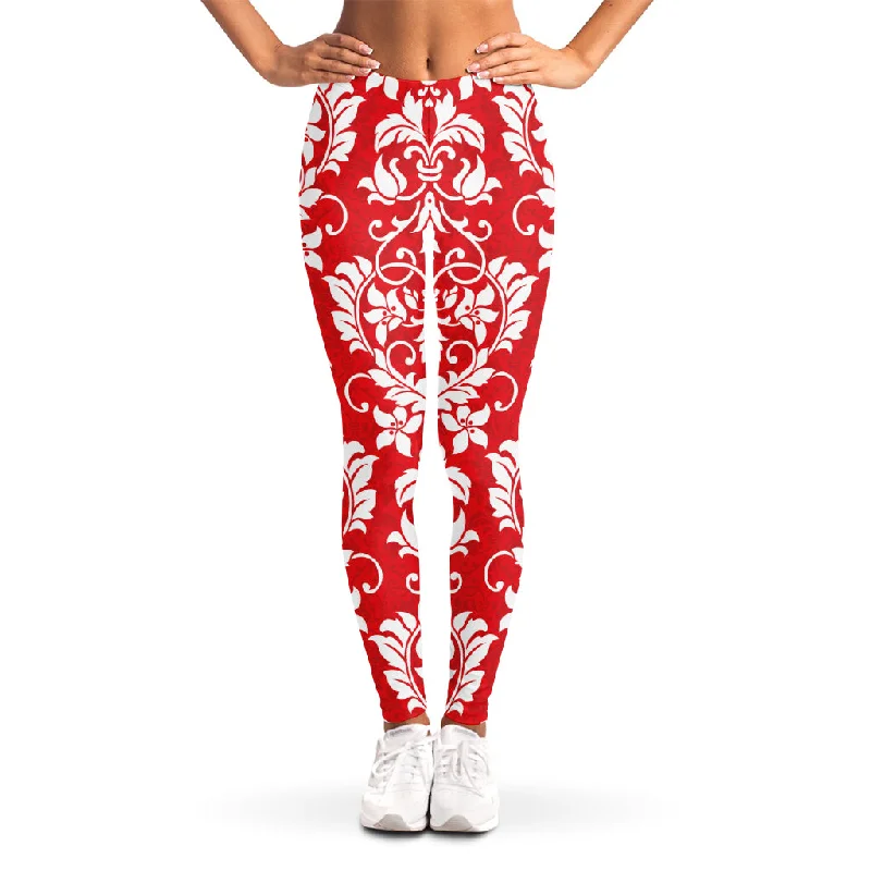 Special Price Red And White Damask Pattern Print Women's Leggings
