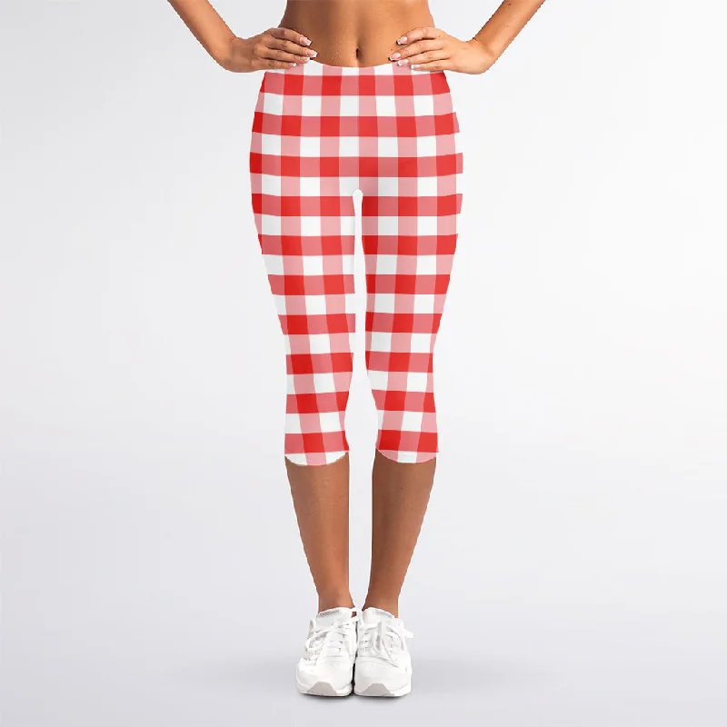 Inventory Reduction Red And White Gingham Pattern Print Women's Capri Leggings