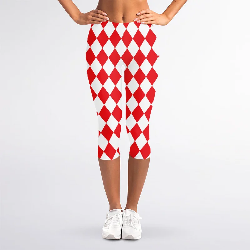 Price Meltdown Red And White Harlequin Pattern Print Women's Capri Leggings