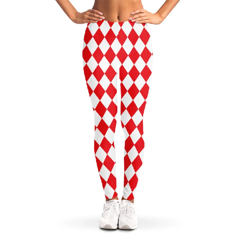 Massive Deals Red And White Harlequin Pattern Print Women's Leggings