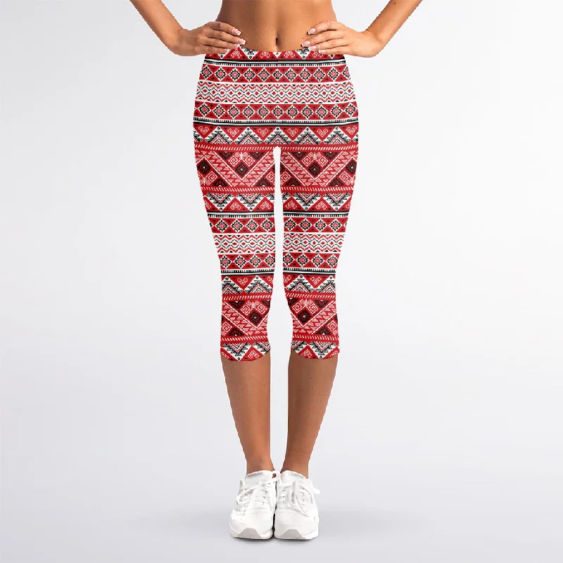 Super Sale Red And White Native Tribal Print Women's Capri Leggings