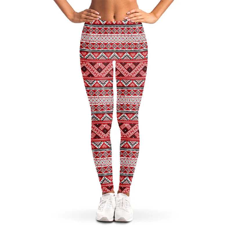Hurry In Red And White Native Tribal Print Women's Leggings