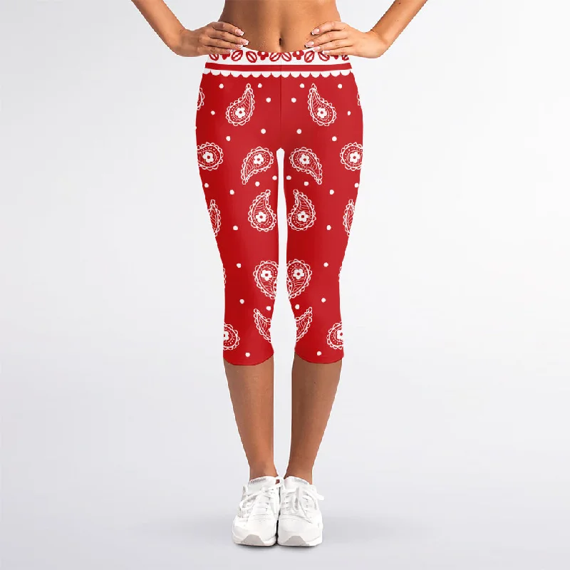 Factory Direct Sale Red And White Paisley Bandana Print Women's Capri Leggings