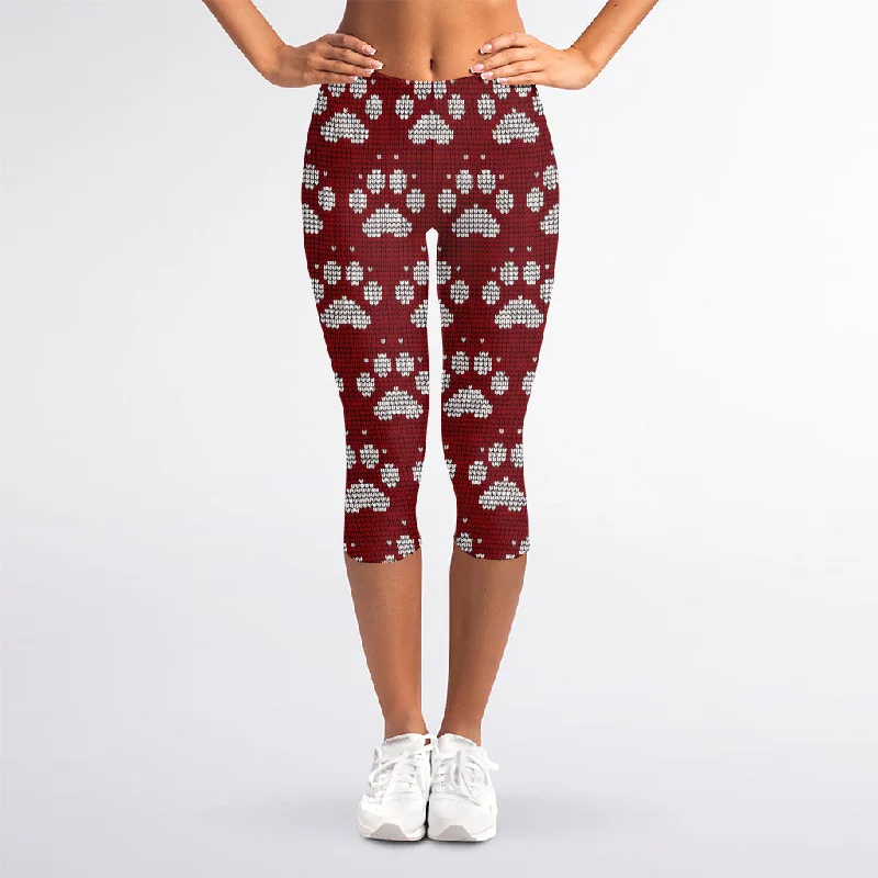 Deal Frenzy Red And White Paw Knitted Pattern Print Women's Capri Leggings