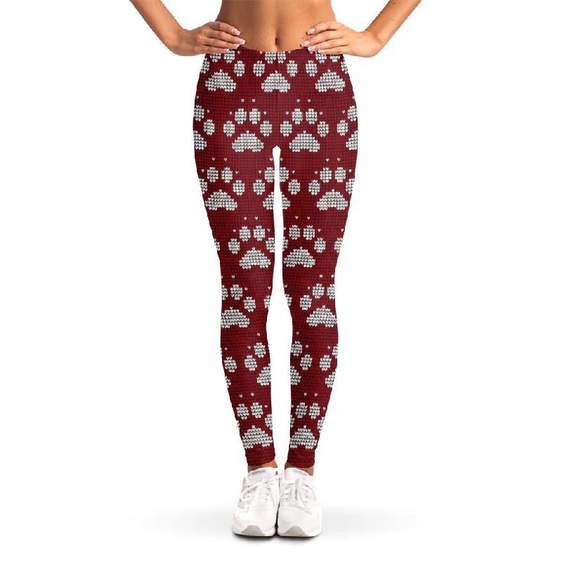 Buy Now Red And White Paw Knitted Pattern Print Women's Leggings