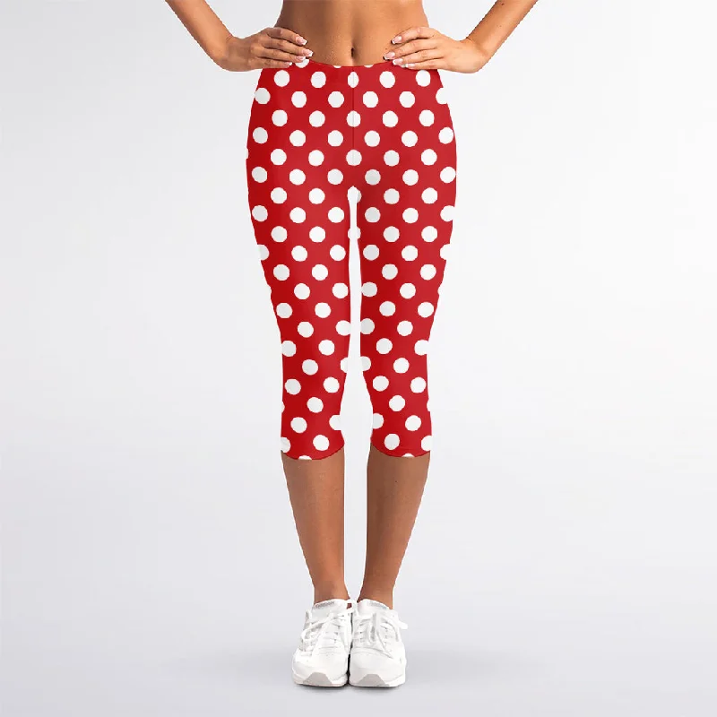 Limited Time Discount Red And White Polka Dot Pattern Print Women's Capri Leggings