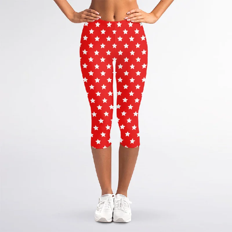 Referral Discount Red And White Star Pattern Print Women's Capri Leggings